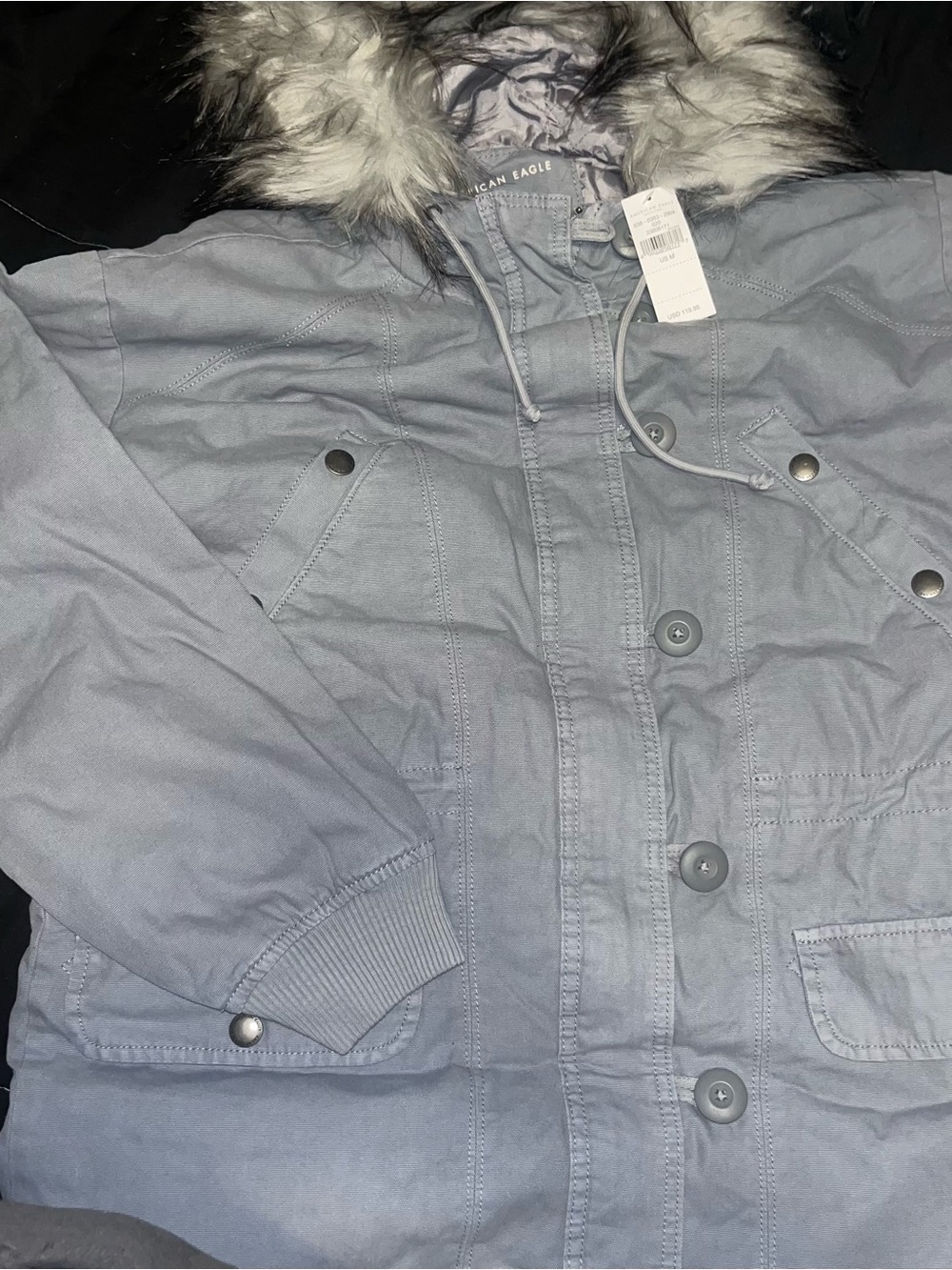 American Eagle Light Gray Hooded Parka with Faux Fur Trim size mediumn nwt